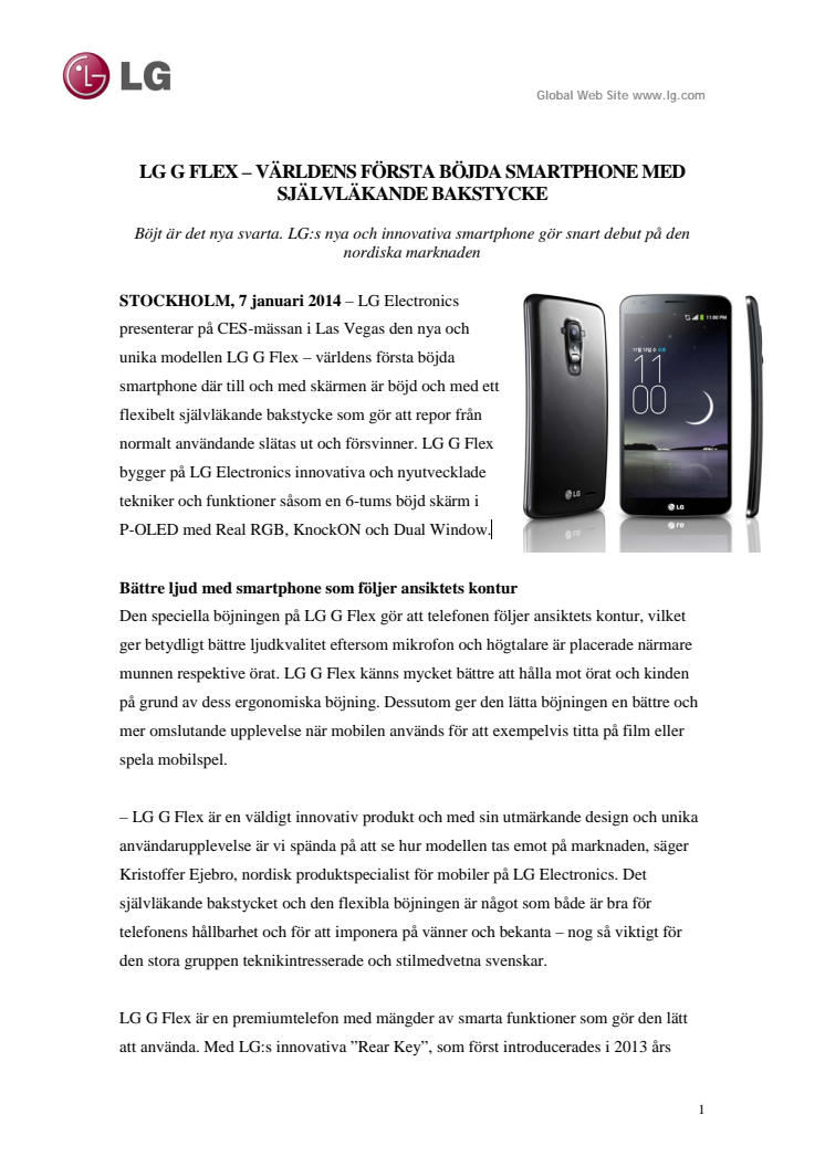 LG G FLEX – VÄRLDENS FÖRSTA BÖJDA SMARTPHONE MED SJÄLVLÄKANDE BAKSTYCKE