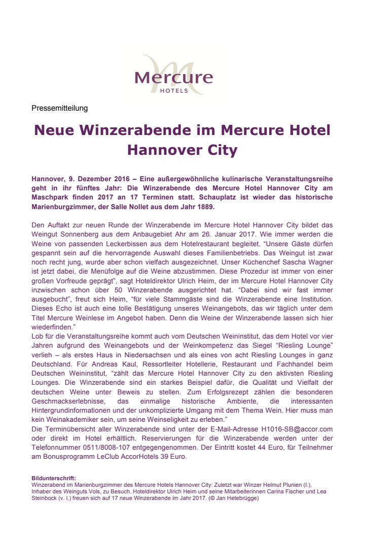 Neue Winzerabende im Mercure Hotel Hannover City