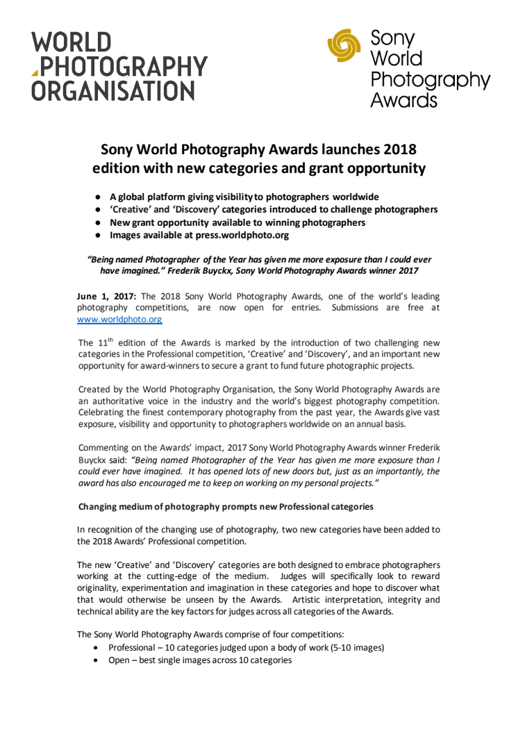 Sony World Photography Awards 2018 – anmäl dig till nästa års tävling