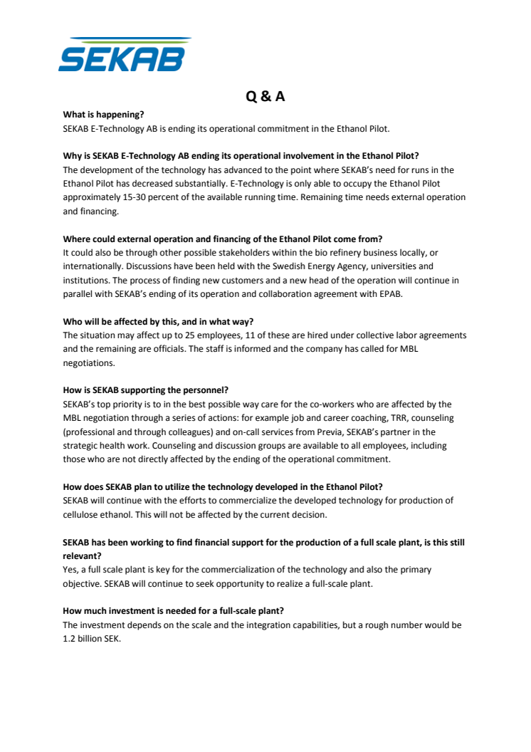 SEKAB E-Technology Q & A