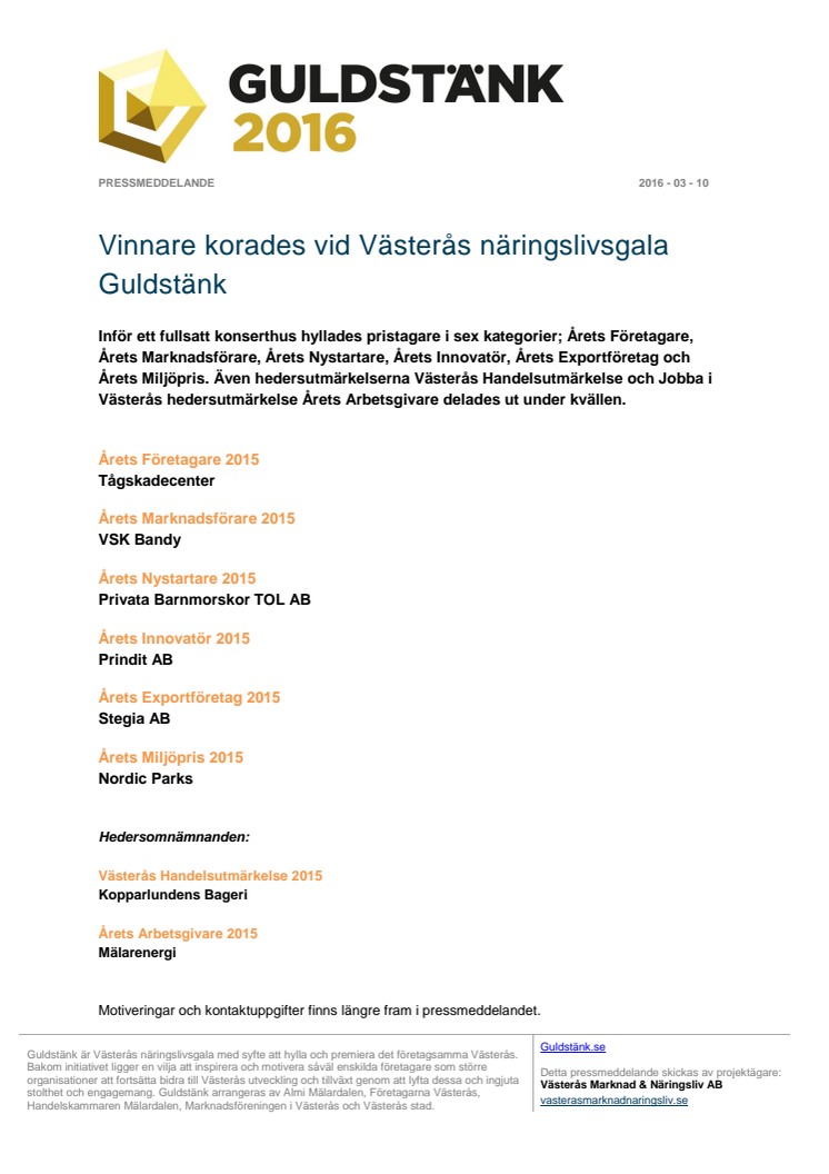 Vinnare korades vid Västerås näringslivsgala Guldstänk