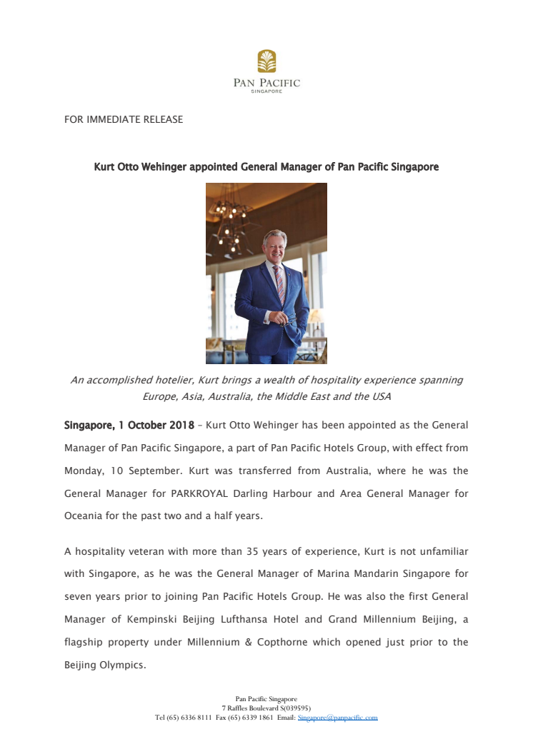 Kurt Otto Wehinger appointed General Manager of Pan Pacific Singapore 