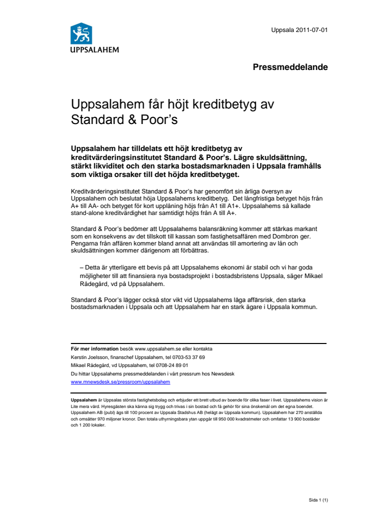 Uppsalahem får höjt kreditbetyg av Standard & Poor’s