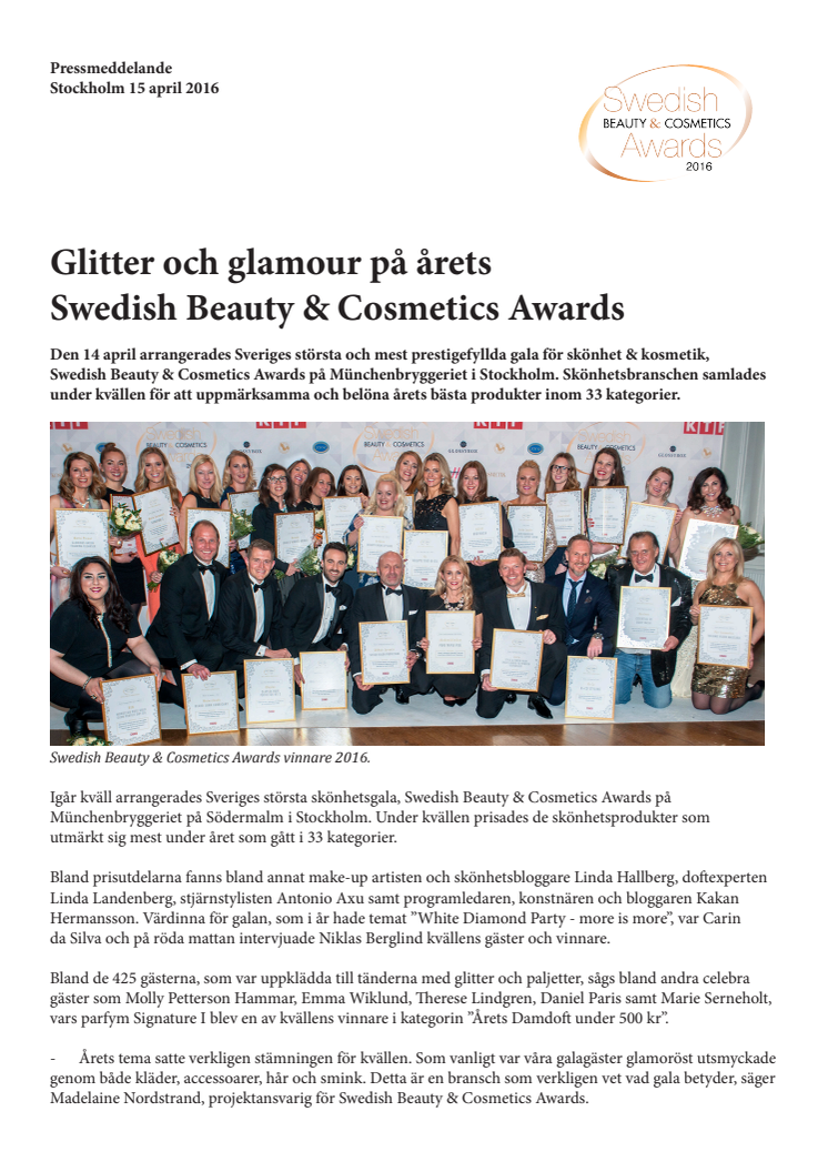 Glitter och glamour på årets Swedish Beauty & Cosmetics Awards