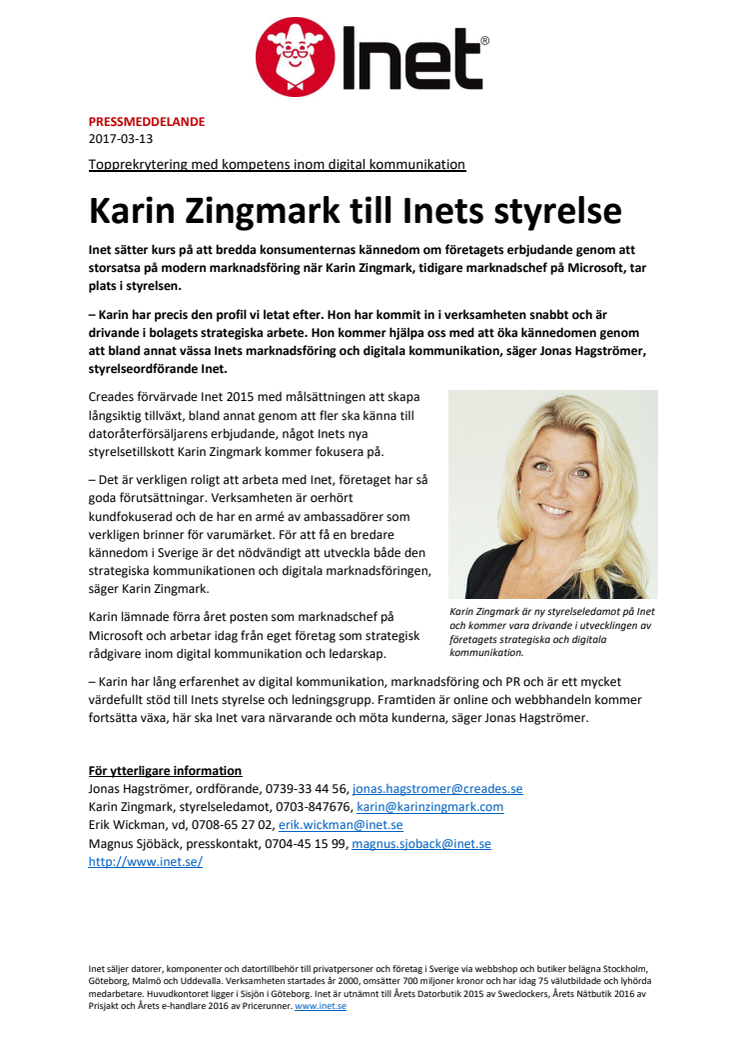 Karin Zingmark till Inets styrelse