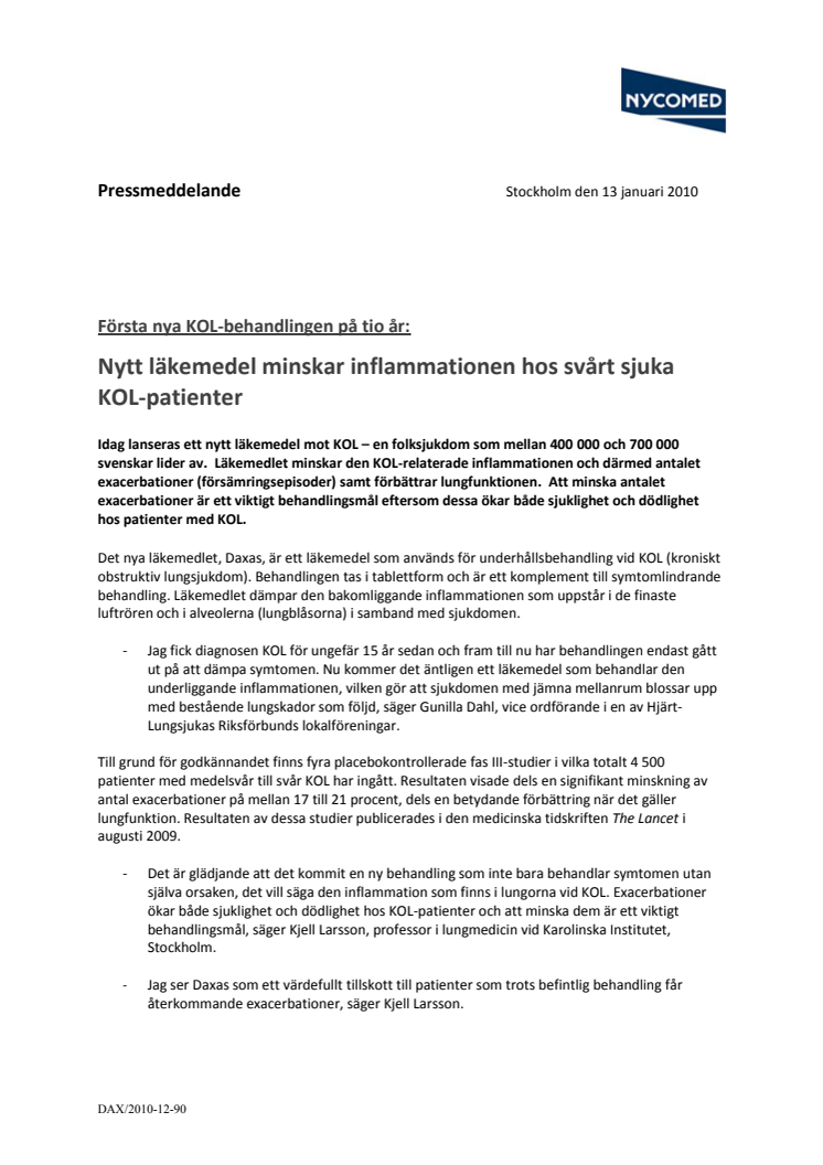 Första nya KOL-behandlingen på tio år: Nytt läkemedel minskar inflammationen hos svårt sjuka KOL-patienter 