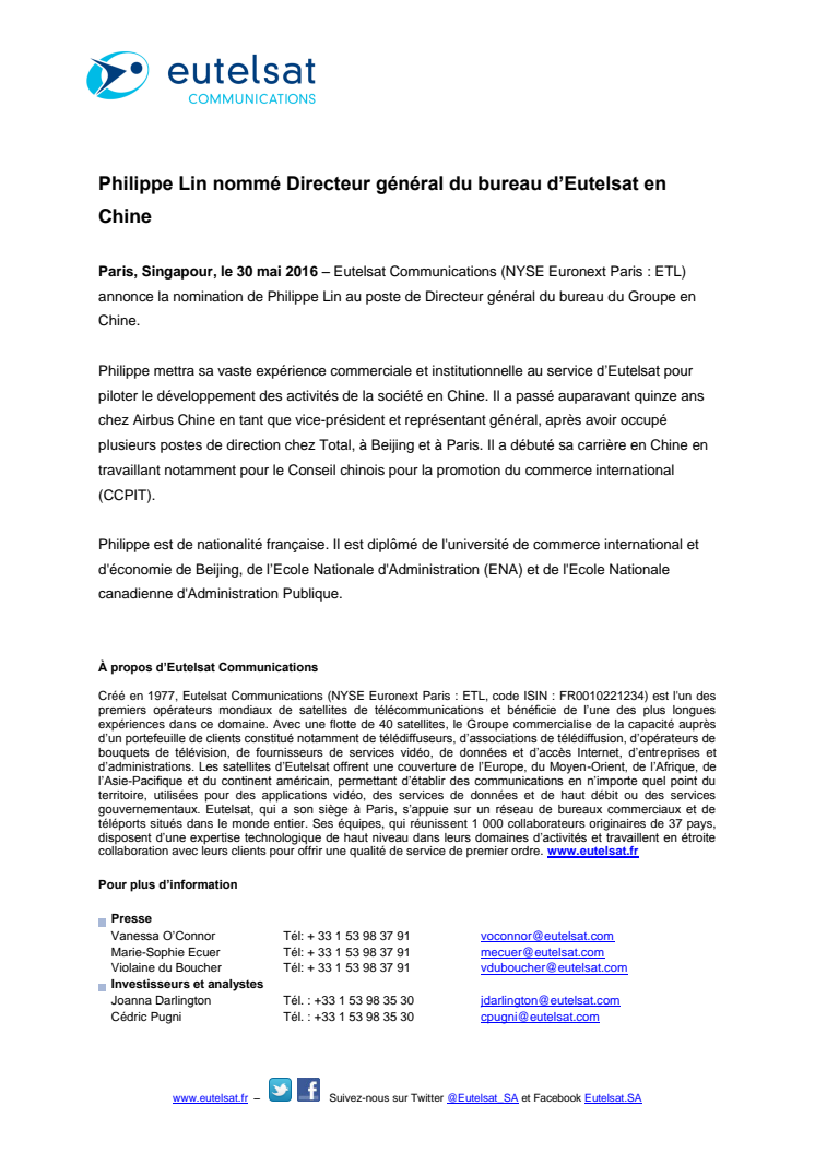 Philippe Lin nommé Directeur général du bureau d’Eutelsat en Chine