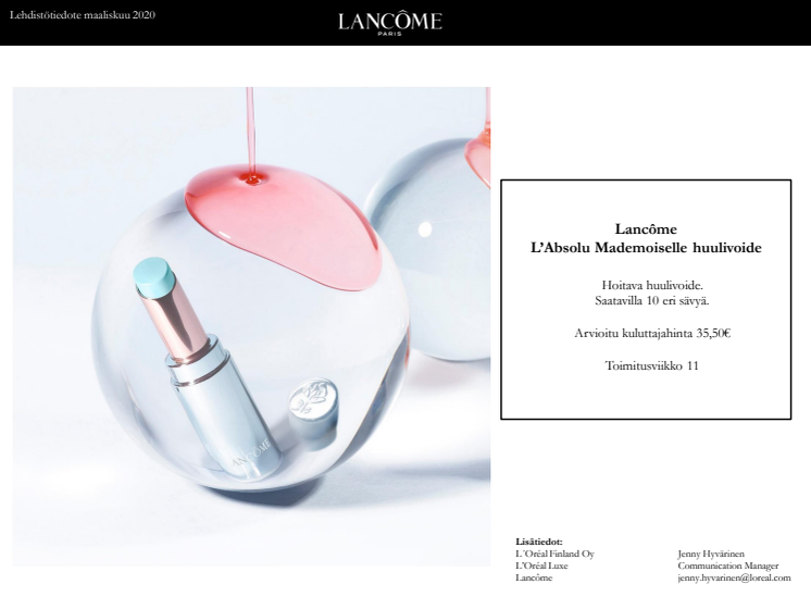 Lehdistötiedote Lancôme L'Absolu Mademoiselle Balm