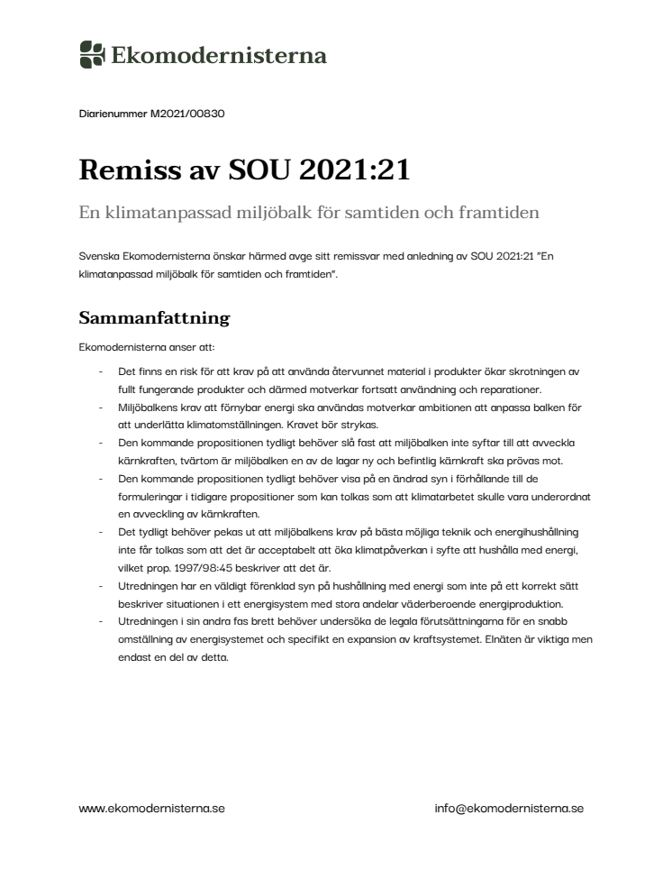 Remiss av SOU 2021:21 En klimatanpassad miljöbalk för samtiden och framtiden