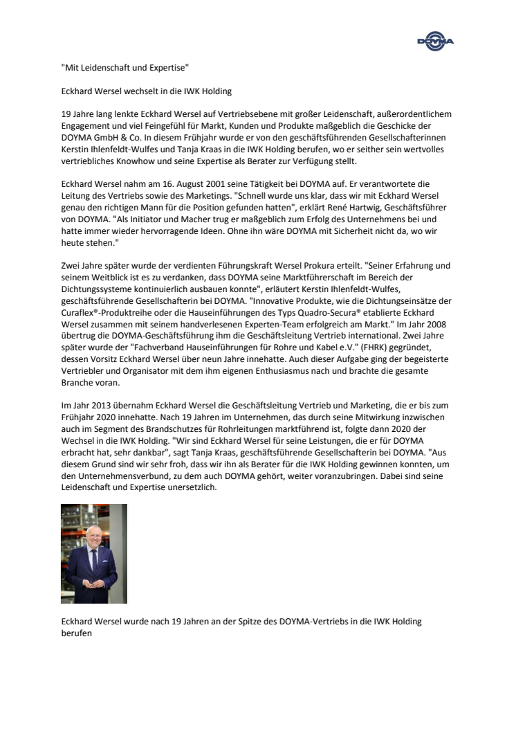 DOYMA-Pressemitteilung: Eckhard Wersel wechselt in die IWK Holding 