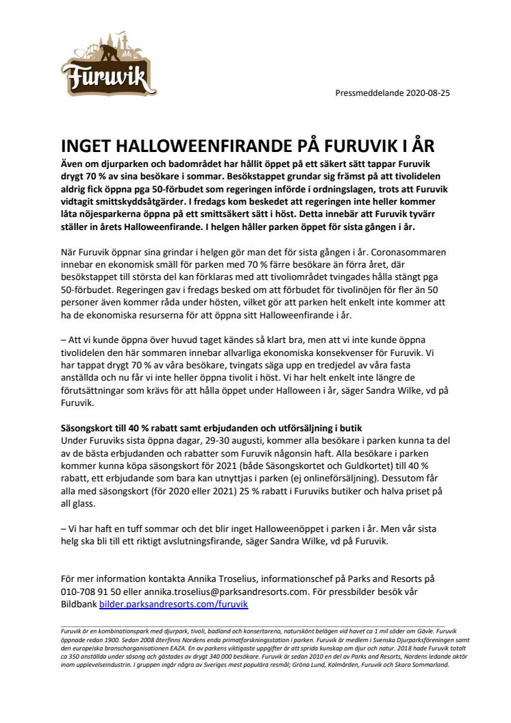 Inget Halloweenfirande på Furuvik i år