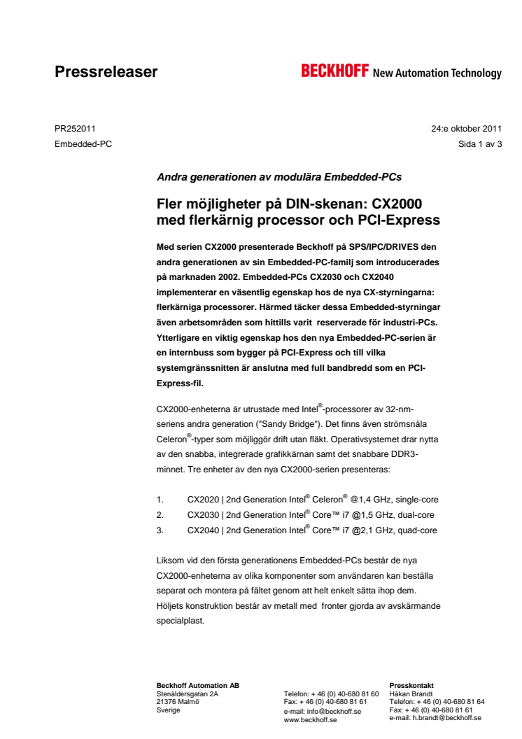 Beckhoff's DIN-skena CX2000 med flerkärnig processor och PCI-Express 