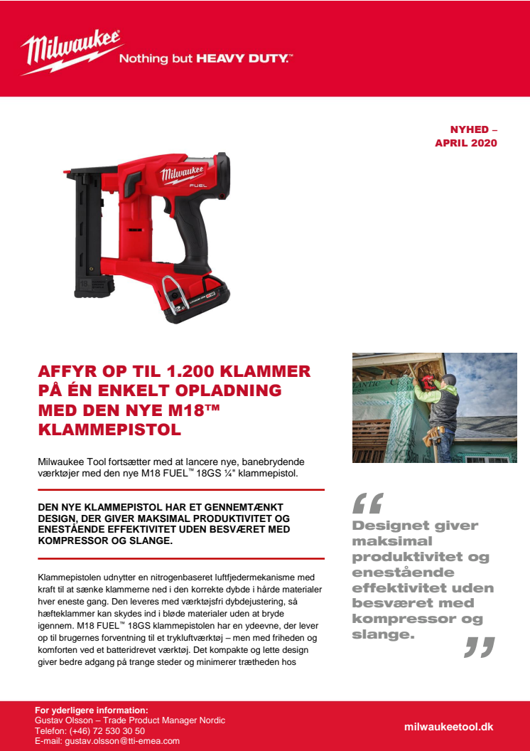 AFFYR OP TIL 1.200 KLAMMER PÅ ÉN ENKELT OPLADNING MED DEN NYE M18™ KLAMMEPISTOL 