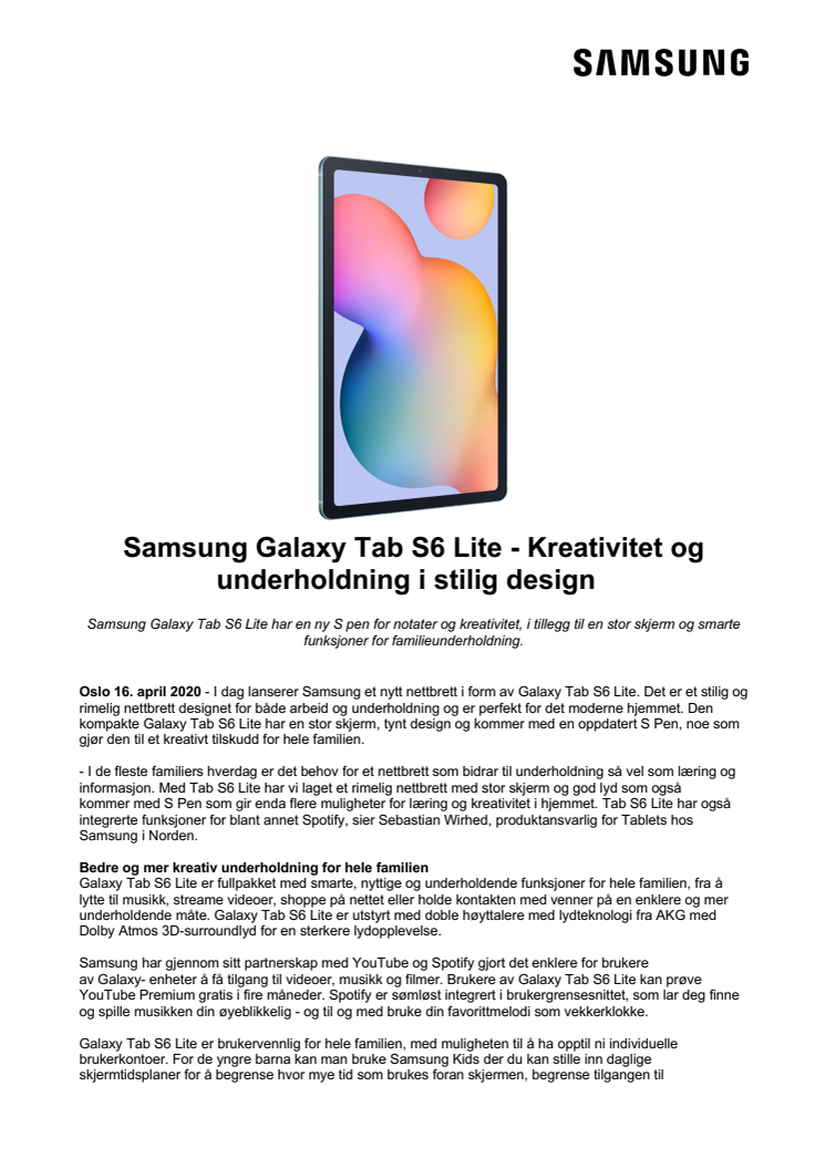 Samsung Galaxy Tab S6 Lite - Kreativitet og underholdning i stilig design  