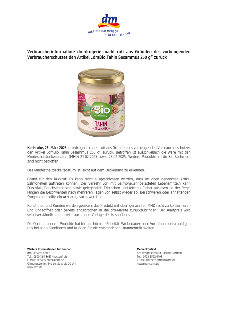 Verbraucherinformation: „dmBio Tahin Sesammus 250 g“	