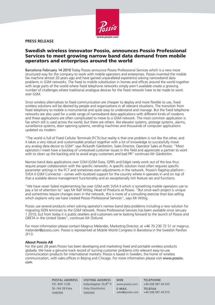 Swedish wireless innovator Possio, announces Possio Professional Services to meet growing narrow band data demand from mobile operators and enterprises around the world