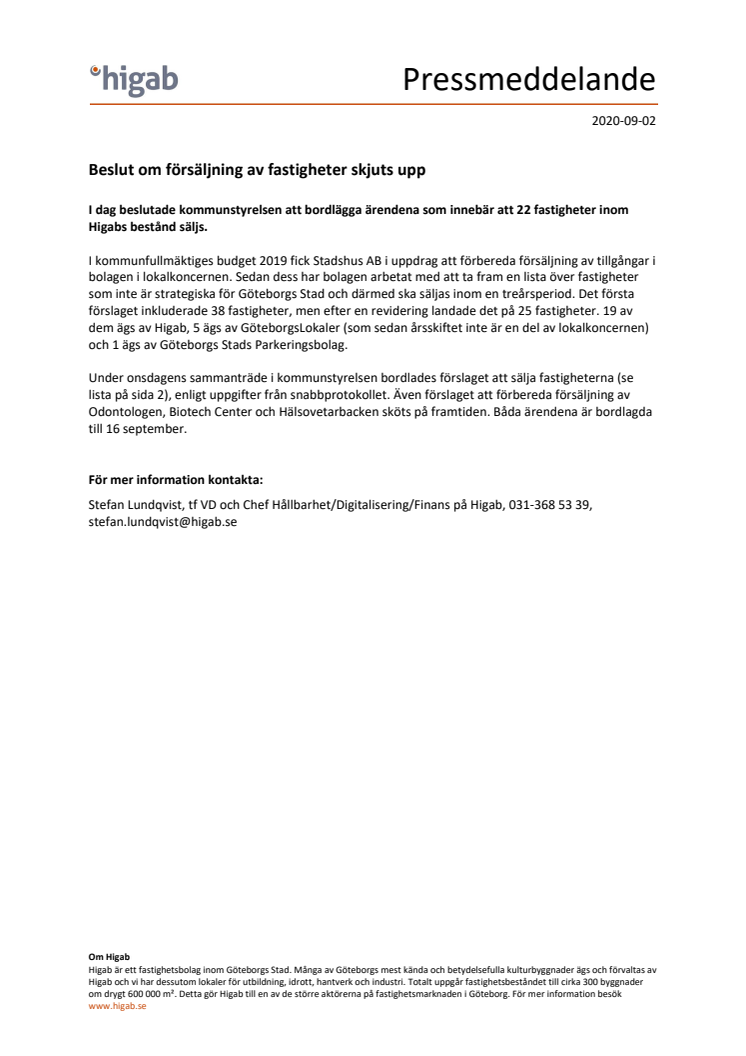 Beslut om försäljning av fastigheter skjuts upp