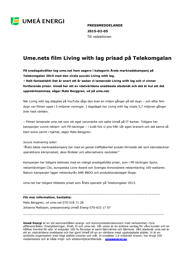 Ume.nets film Living with lag prisad på Telekomgalan 