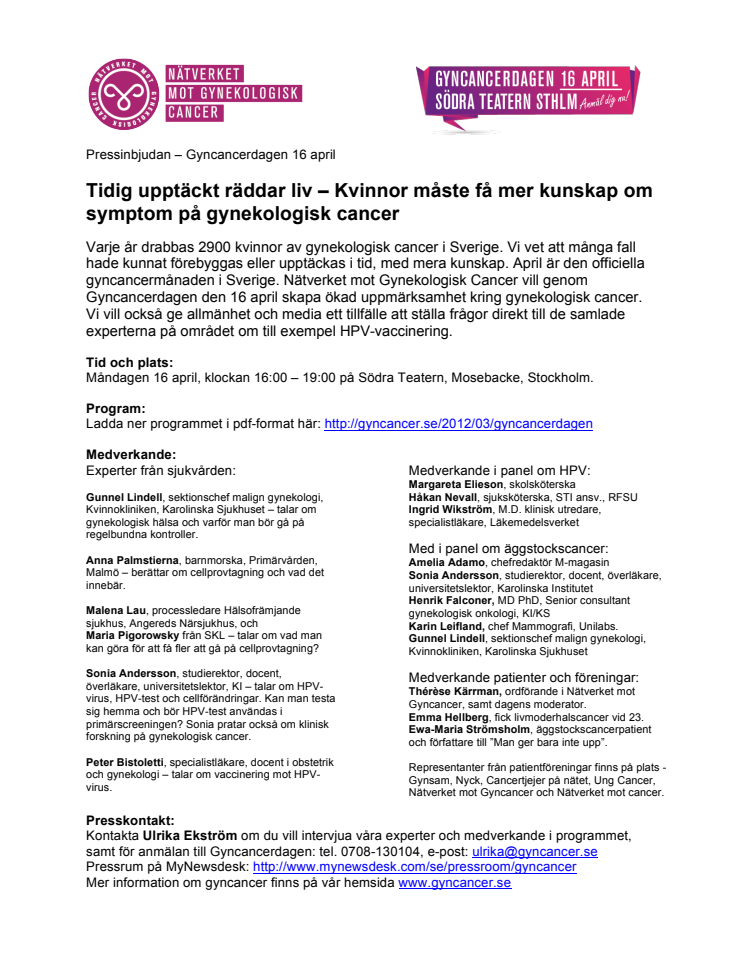 Pressinbjudan Gyncancerdagen 16 april - Kvinnor måste få mer kunskap om symptom på gynekologisk cancer