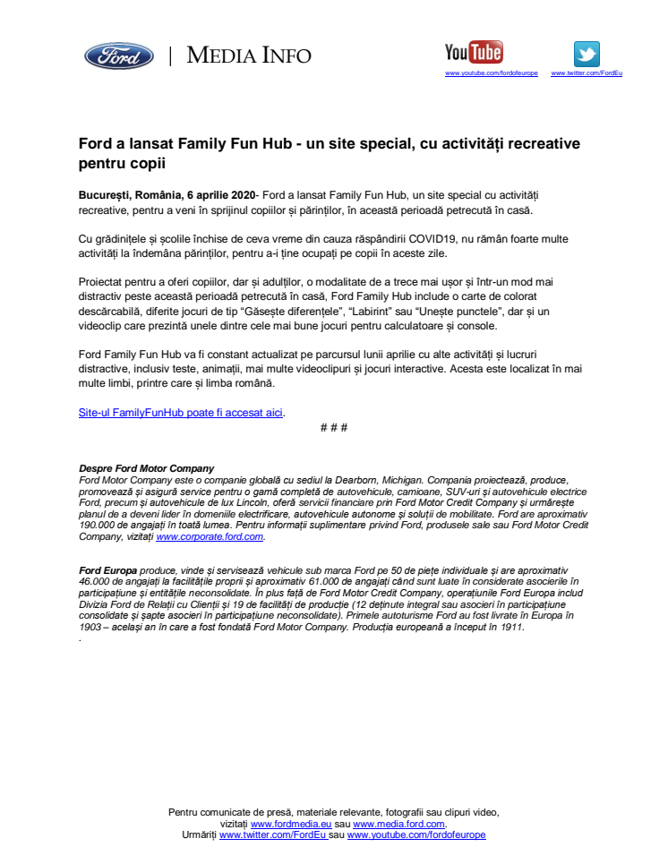 Ford a lansat Family Fun Hub - un site special, cu activități recreative pentru copii