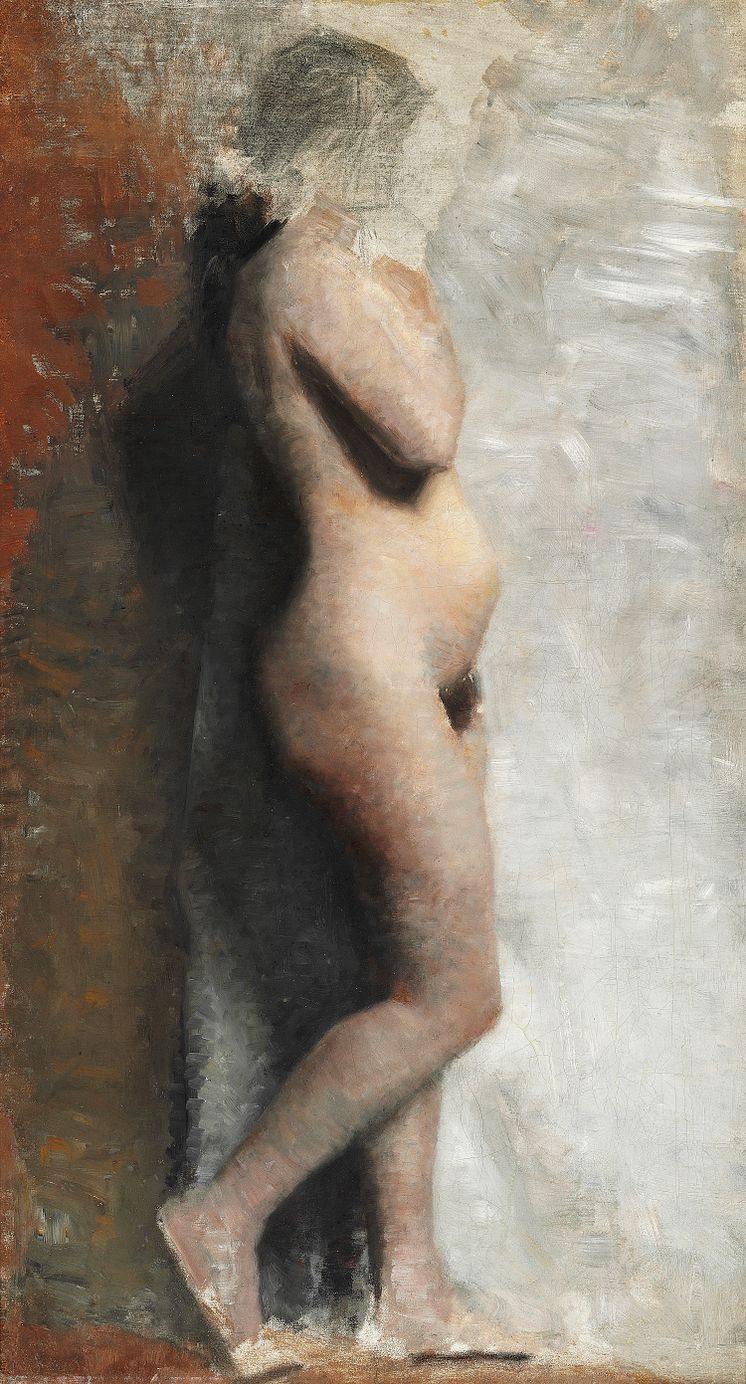 Vilhelm Hammershøi: "Nøgen Kvindelig Model. Staaende. Profil mod højre" (1886). Olie på lærred. 67 x 36,5 cm.