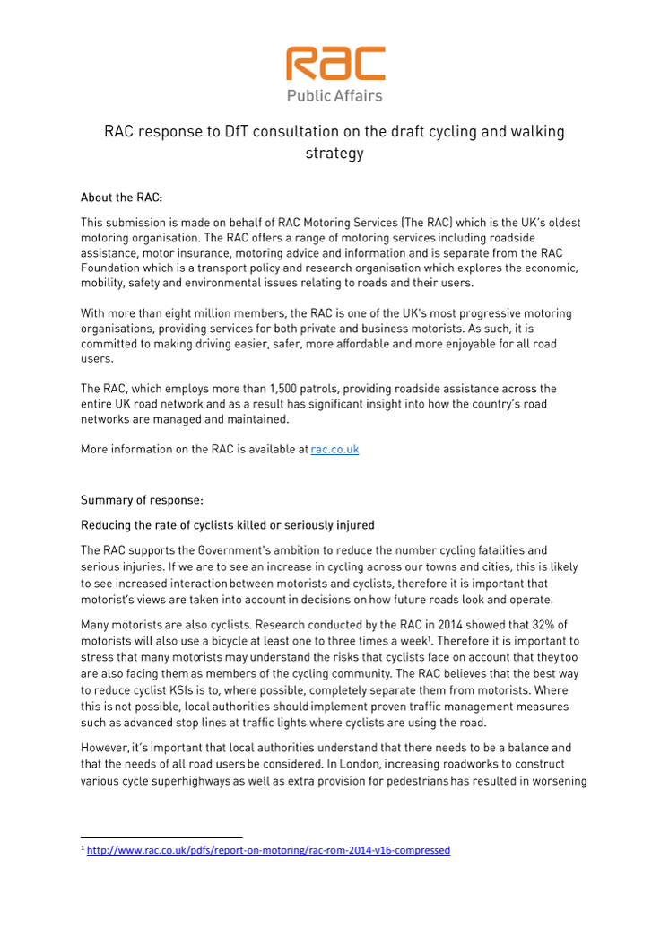 RAC response to the DfT draft walking and cycling strategy
