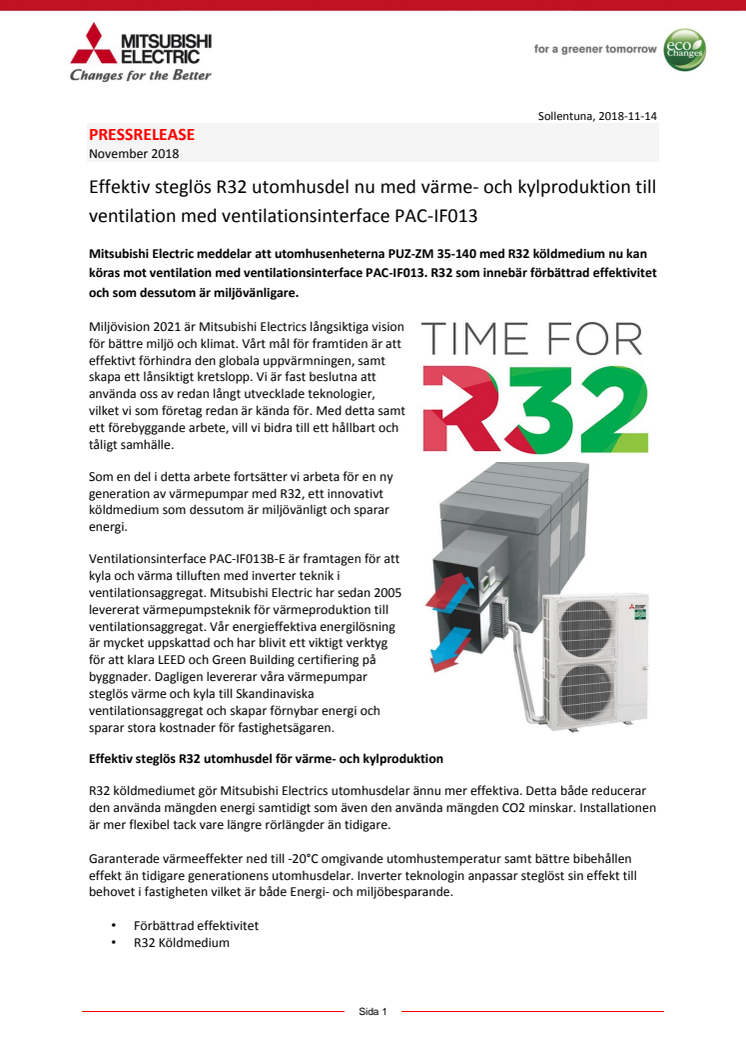 ​Effektiv steglös R32 utomhusdel nu med värme- och kylproduktion till ventilation med ventilationsinterface PAC-IF013