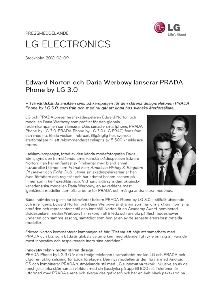 Edward Norton och Daria Werbowy lanserar PRADA Phone by LG 3.0