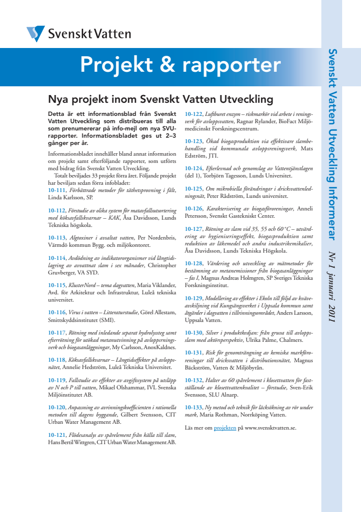 SVUs informationsblad Nr 1 januari, 2011