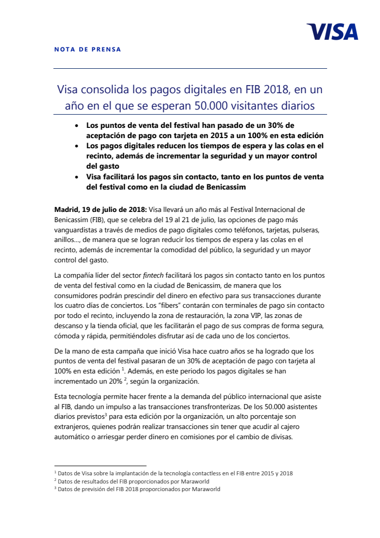 Visa consolida los pagos digitales en FIB 2018, en un año en el que se esperan 50.000 visitantes diarios