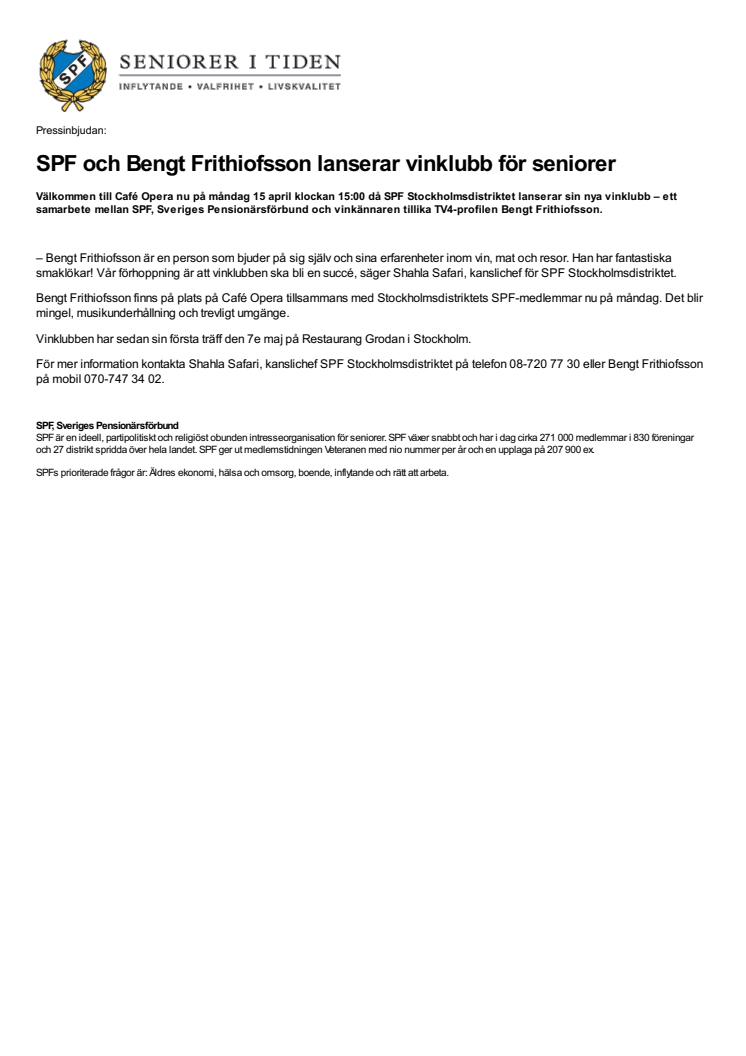 SPF och Bengt Frithiofsson lanserar vinklubb för seniorer