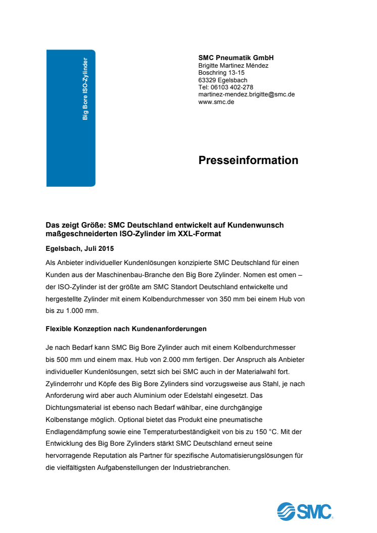Das zeigt Größe: SMC Deutschland entwickelt auf Kundenwunsch maßgeschneiderten ISO-Zylinder im XXL-Format
