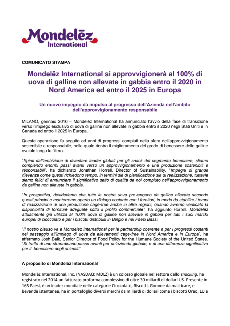 Mondelēz International si approvvigionerà al 100% di uova di galline non allevate in gabbia entro il 2020 in Nord America ed entro il 2025 in Europa