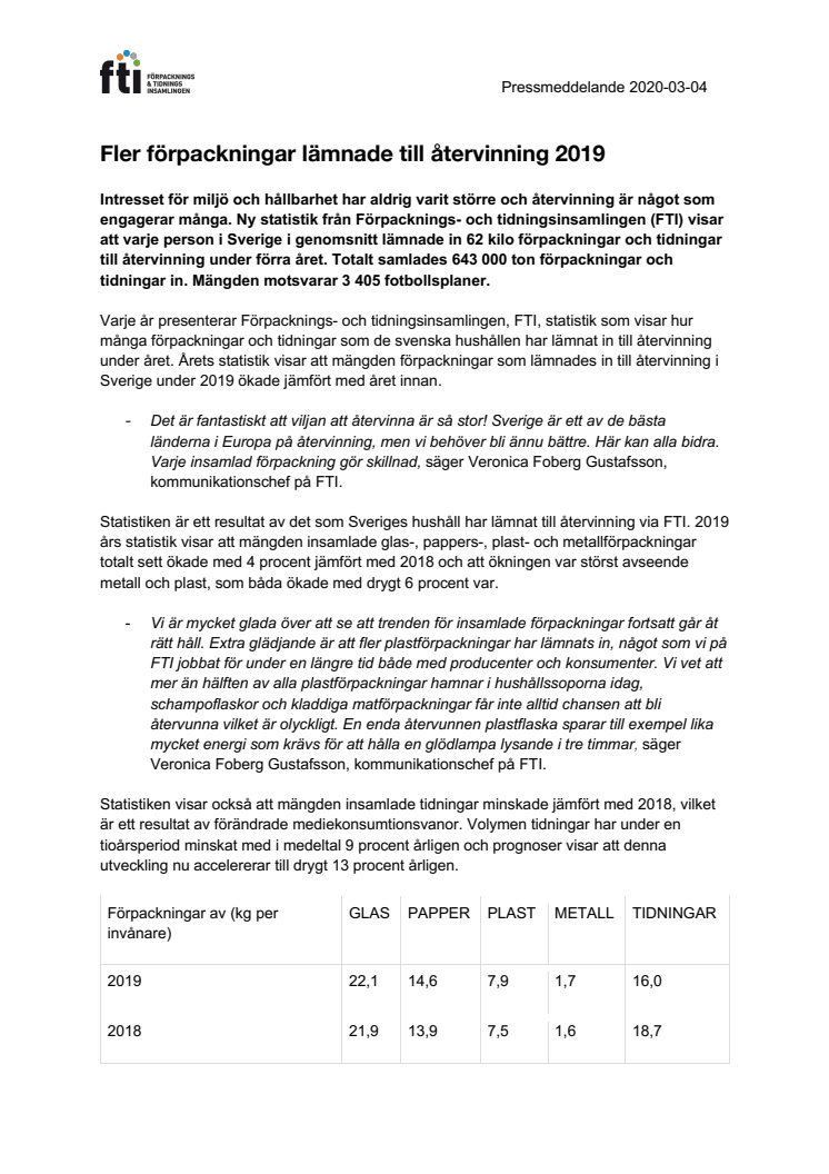 Fler förpackningar lämnade till återvinning 2019