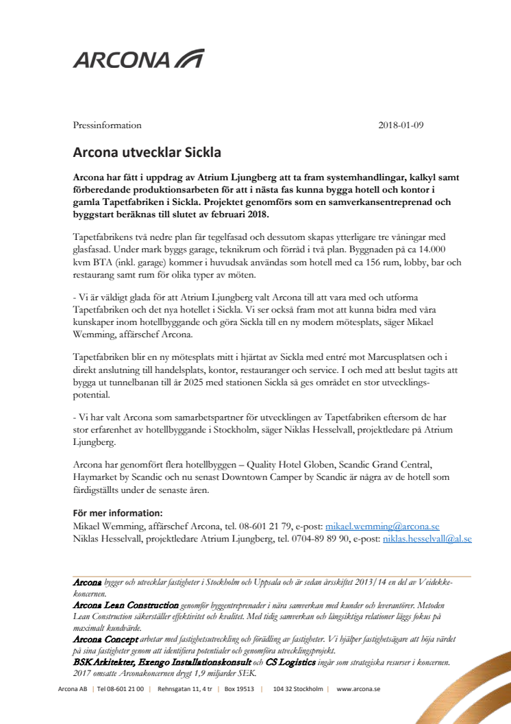 Arcona utvecklar Sickla