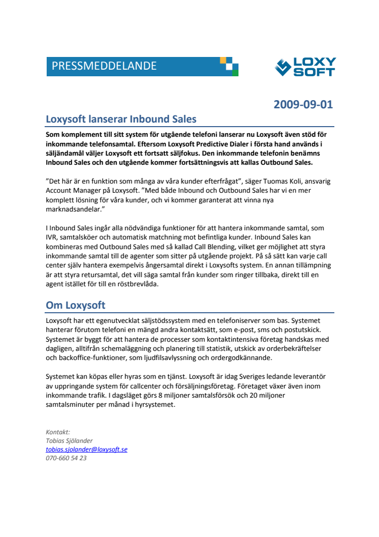 Loxysoft lanserar Inbound Sales