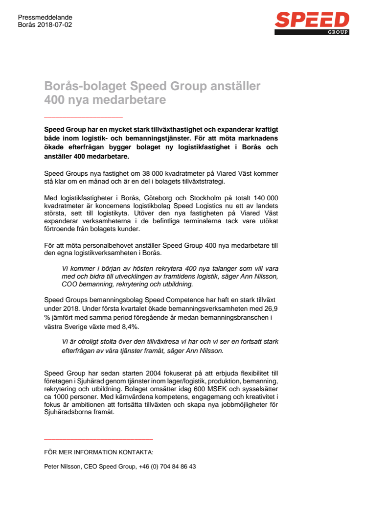 Borås-bolaget Speed Group anställer 400 nya medarbetare
