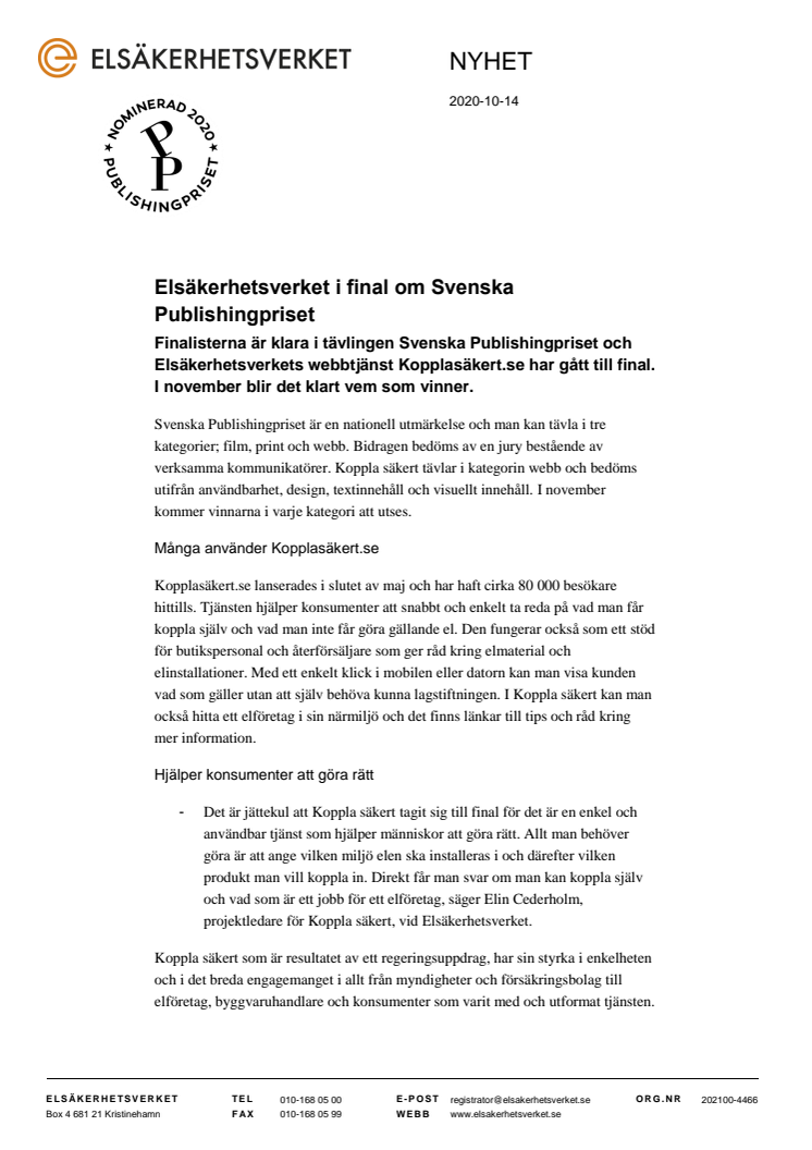 Elsäkerhetsverket i final om Svenska Publishingpriset