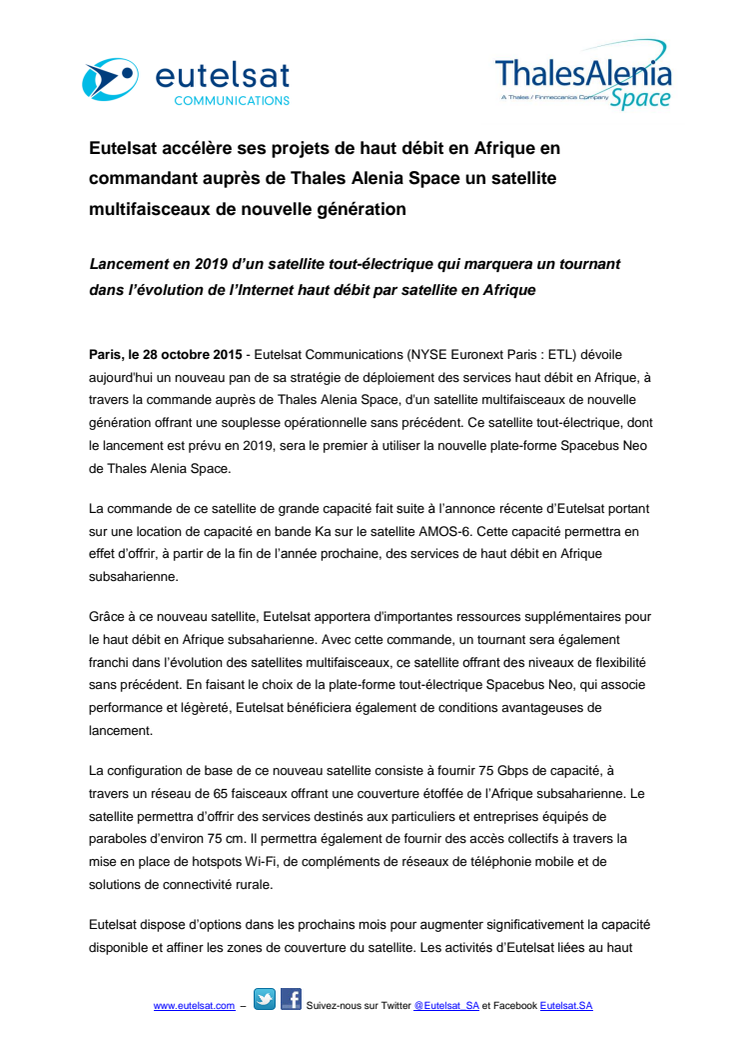 Eutelsat accélère ses projets de haut débit en Afrique en commandant auprès de Thales Alenia Space un satellite multifaisceaux de nouvelle génération 