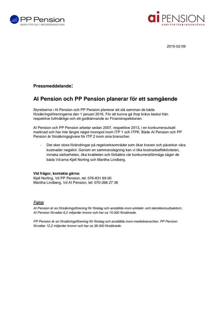 AI Pension och PP Pension planerar för ett samgående