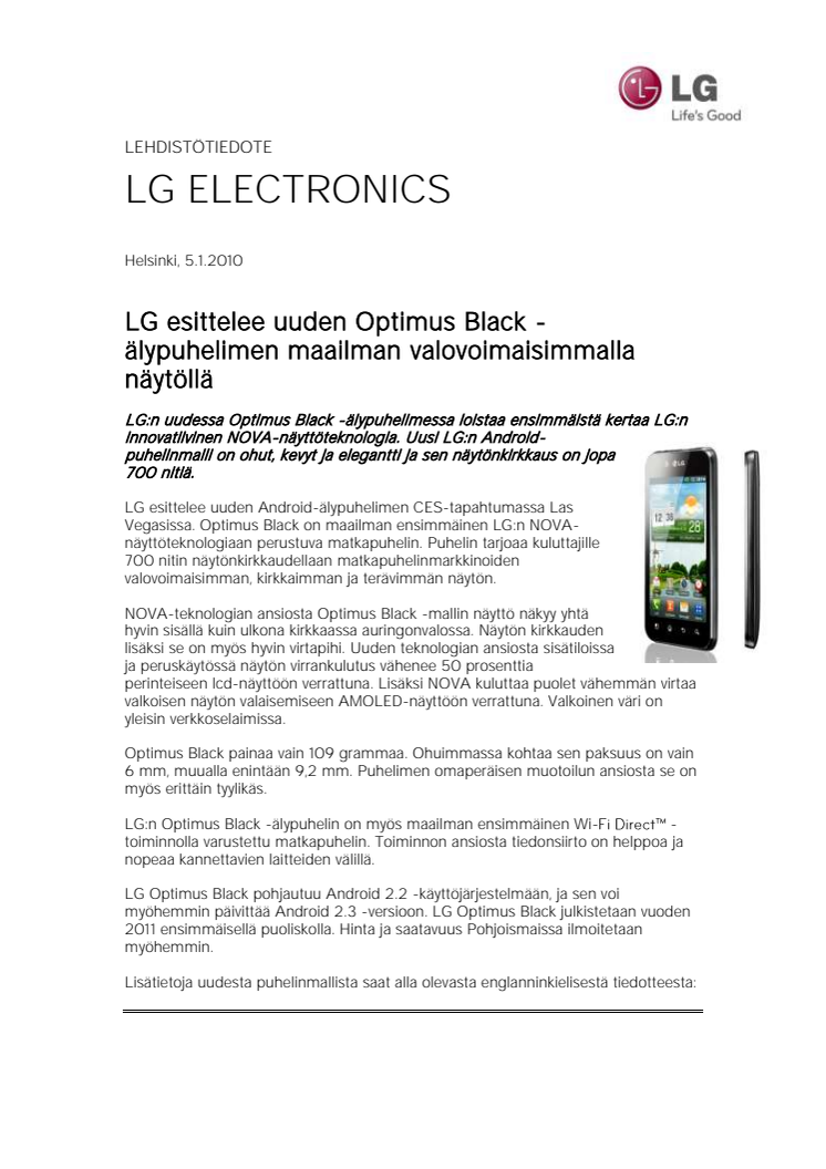 LG esittelee uuden Optimus Black -älypuhelimen maailman valovoimaisimmalla näytöllä 