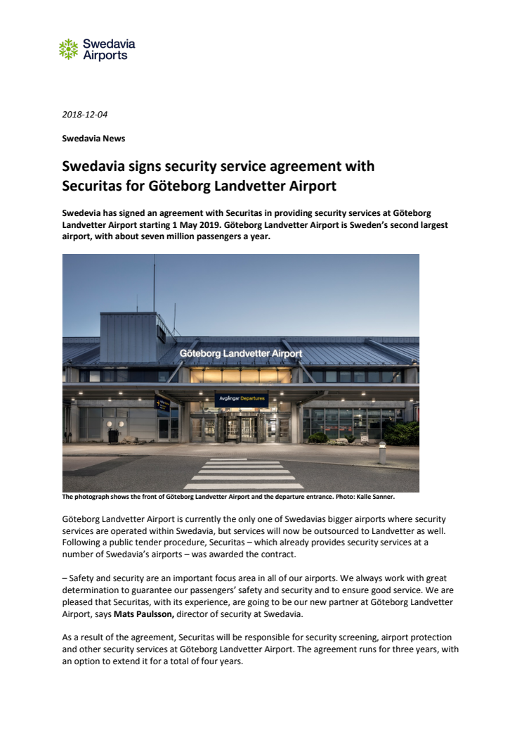Swedavia signs security service agreement with Securitas for Göteborg Landvetter Airport