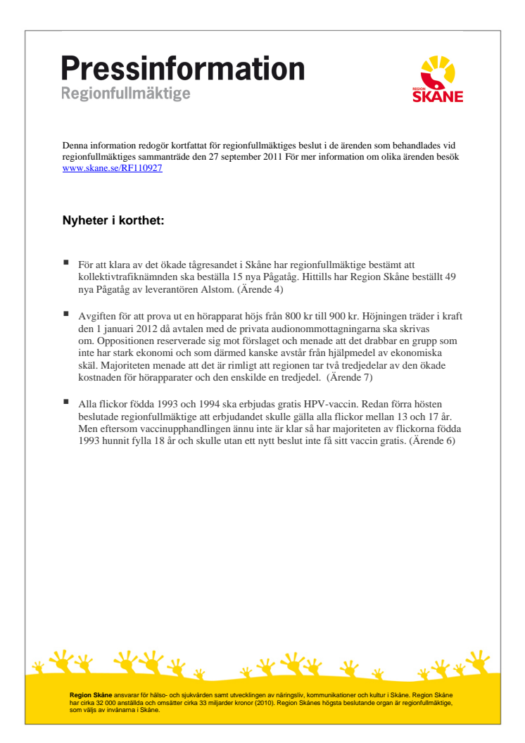 Pressinformation från regionfullmäktige den 27 september 2011