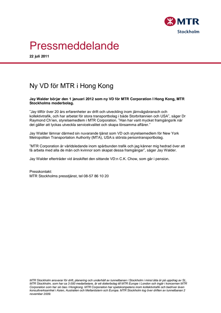 Ny VD för MTR i Hong Kong