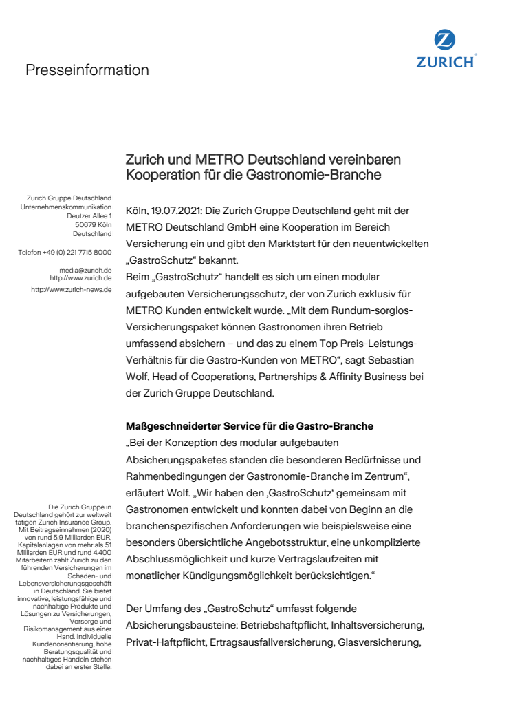 Zurich und METRO Deutschland vereinbaren Kooperation für die Gastronomie-Branche