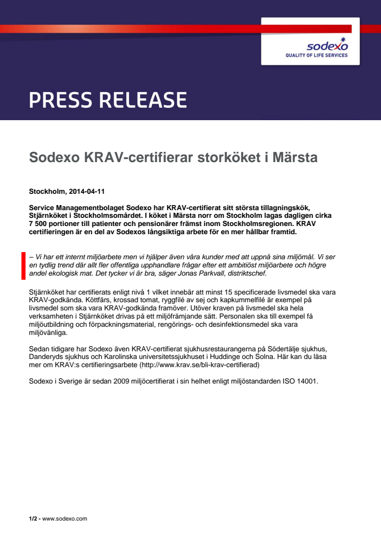 Sodexo KRAV-certifierar storköket i Märsta