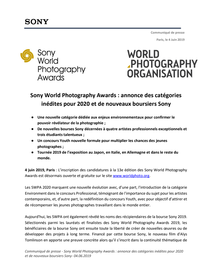 Sony World Photography Awards : annonce des catégories inédites pour 2020 et de nouveaux boursiers Sony