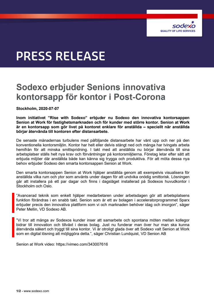 Sodexo erbjuder Senions innovativa kontorsapp för kontor i Post-Corona