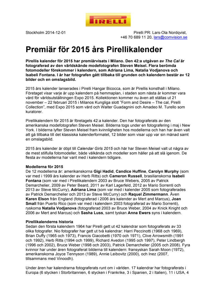 Premiär för 2015 års Pirellikalender