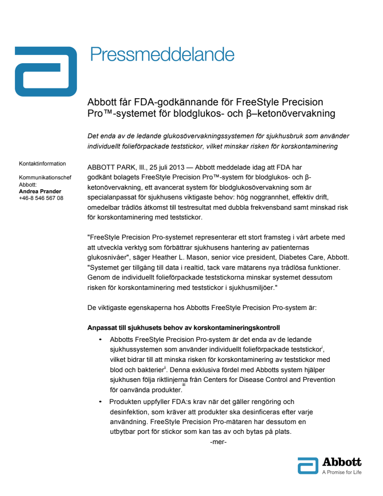 Abbott får FDA-godkännande för FreeStyle Precision Pro™-systemet för blodglukos- och β–ketonövervakning